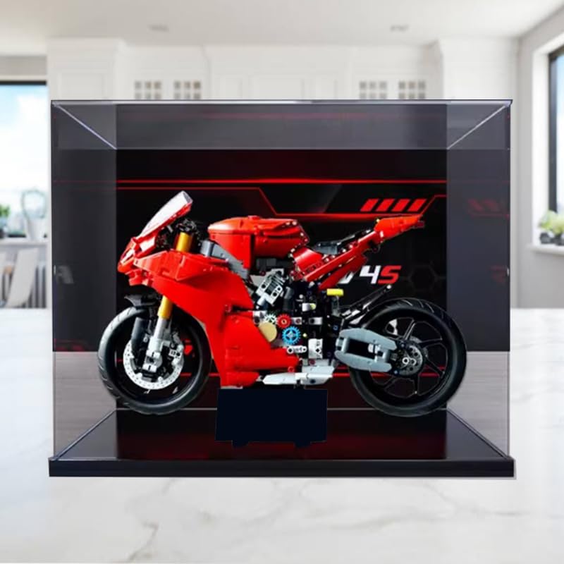 Custodia in Acrilico Trasparente per Display per Lego Technic 42202, Ducati Panigale V4 S Motocicletta, Fondo e Sfondo Neri