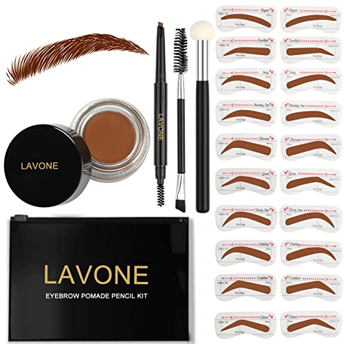 LAVONE Juego de 3 sellos para cejas con lápiz de cejas impermeable, ungüento para cejas, 20 plantillas para cejas, cepillo de cejas de doble cara