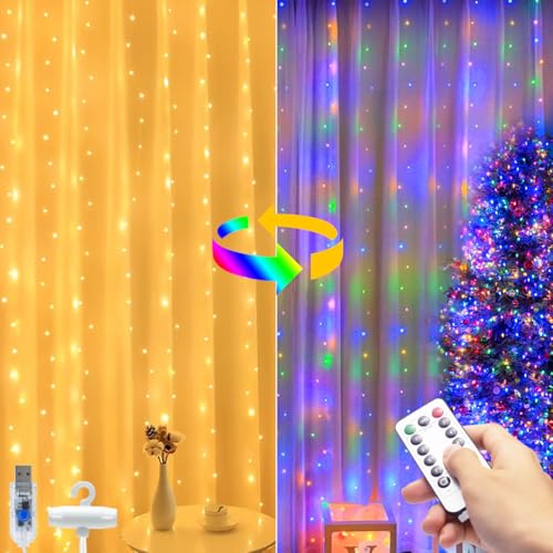 btfarm 300 LED Curtain Lights Color Changing, 3m x 3m Fairy Lights Indoor, 8 Modes Remote Timer Waterfall String Lights USB Plug in, Hanging Wall Twinkle Lights for Christmas Bedroom Outdoor Wedding