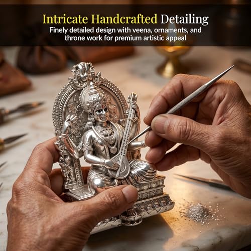 Image of Premium Silver-Plated Saraswati Idol | Saraswati maa Idol for Home Temple | Pooja Room | Study Table | Office Decor | Saraswati maa Murti for Diwali | 3.7 inch