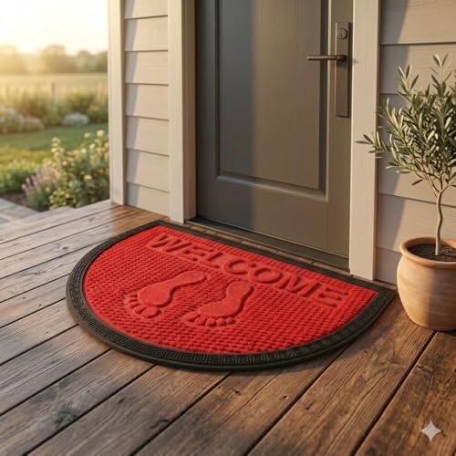 Image of Heavy Duty Front Door Mat 45 x 75 cm, Outdoor Indoor Welcome Mat, Non Slip Dirt Trapper Entrance Rug for Entryway, Patio & Porch,Washable Low Profile Foot Mat (Red Foot Mat 45 x 75 Cm)