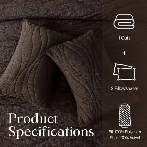 Image of DOWN HOME Crinkle Textured Velvet Quilt Set with Shams, All-Season Luxury Modern Bedding,Easy Care Comforter,Ultra-Soft,Lightweight & Breathable, Cali King, Antique Brown