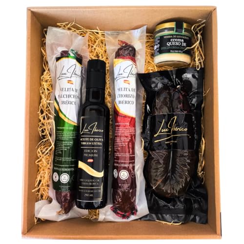 LUX IBÉRICO - Cesta Gourmet para Regalar 'Norbensis' – Caja de Productos Ibéricos – Lote con Aceite de Oliva, Crema Queso de Oveja, Salchichón, Chorizo y Morcilla Ibérica - Regalo Gourmet Original