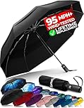 TUMELLA Strongest Windproof Travel Umbrella (Compact, Superior & Beautiful), Small Strong but Light Portable and Automatic Folding Rain Umbrella, Durable Premium Grip, Fits Car & Backpack Black
