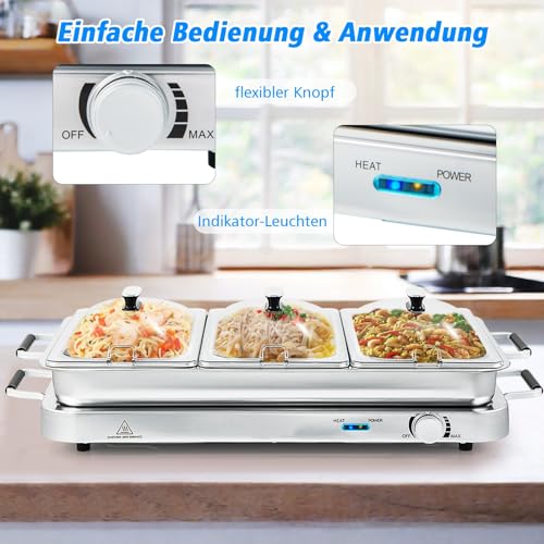RELAX4LIFE Warmhalteplatte Buffetwärmer 2 in 1, Speisewärmer 8L, Teller Wärmer 50℃-150℃ Temperaturregler, Wärmebehälter 450W, Speisebehälter Edelstahl, Ideal zum Warmhalten von Speisen – Bild 8