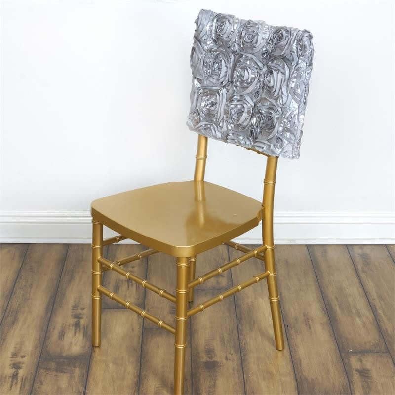 Efavormart 3D Rosette Satin Chair Cap Slipcover Chivari Square Top Chair Caps for Catering Wedding Party Decorations Silver