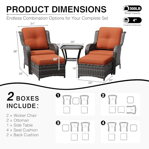 Image of Joyside 5 Piece Wicker Patio Furniture Set, Rattan Patio Chairs with High Back, Deep Seating, Wide Armrest, Thickened Cushions, Outdoor Furniture for Deck, Porch Use
