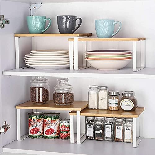 LIANTRAL Kitchen Shelf Organizer for Cabinet, Expandable and Stackable Counter Cupboard Shelf Organizer Set of 4 Wooden Kitchen Storage Shelves for Kitchen, Pantry, Bathroom