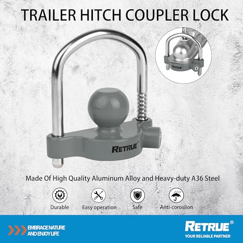 Image of RETRUE Universal Coupler Lock Trailer Locks Ball Hitch Trailer Hitch Lock Adjustable Security Heavy-Duty Steel Fits 1-7 /8 Inch, 2 Inch, 2-5 /16 Inch Couplers, Grey