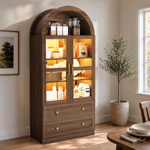 Image of Pamapic Arched Kitchen Pantry Cabinet, 71 inch Tall Arched Cabinet with LED Light & Glass Doors, Farmhouse Kitchen Storage Cabinet with 2 Large Drawers, Wooden Pantry for Dining Room, Living Room (Brown)