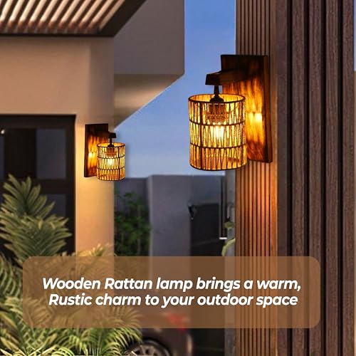 Image of Ikari Homes Rustic Wooden Wall Lamp I Cylindrical Raffia Shade I Vintage Wall Lamp I Boho Rattan Wall lamp for Bedroom /Balcony /Living Room /Outdoor /Entrance - Size 10 x 5 in (Zig Zag Raffia)