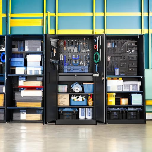 Image of Yizosh Metal Garage Storage Cabinet with Locking Doors and Drawers, Heavy Duty Steel Tool Cabinet with Pegboard, 71 inch - Lockable Cabinets for Garage, Warehouse, Basement (Black)