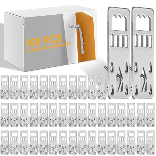 Image of MorningRo 100-pack Nailess Foam Board Hangers, Press-in Sawtooth Picture Frame Clips, Metal Poster Wall Hanging Hooks for Foamcore & Corrugated Backing, Supports 1 lb, Silver (1.5 x 0.5 in)