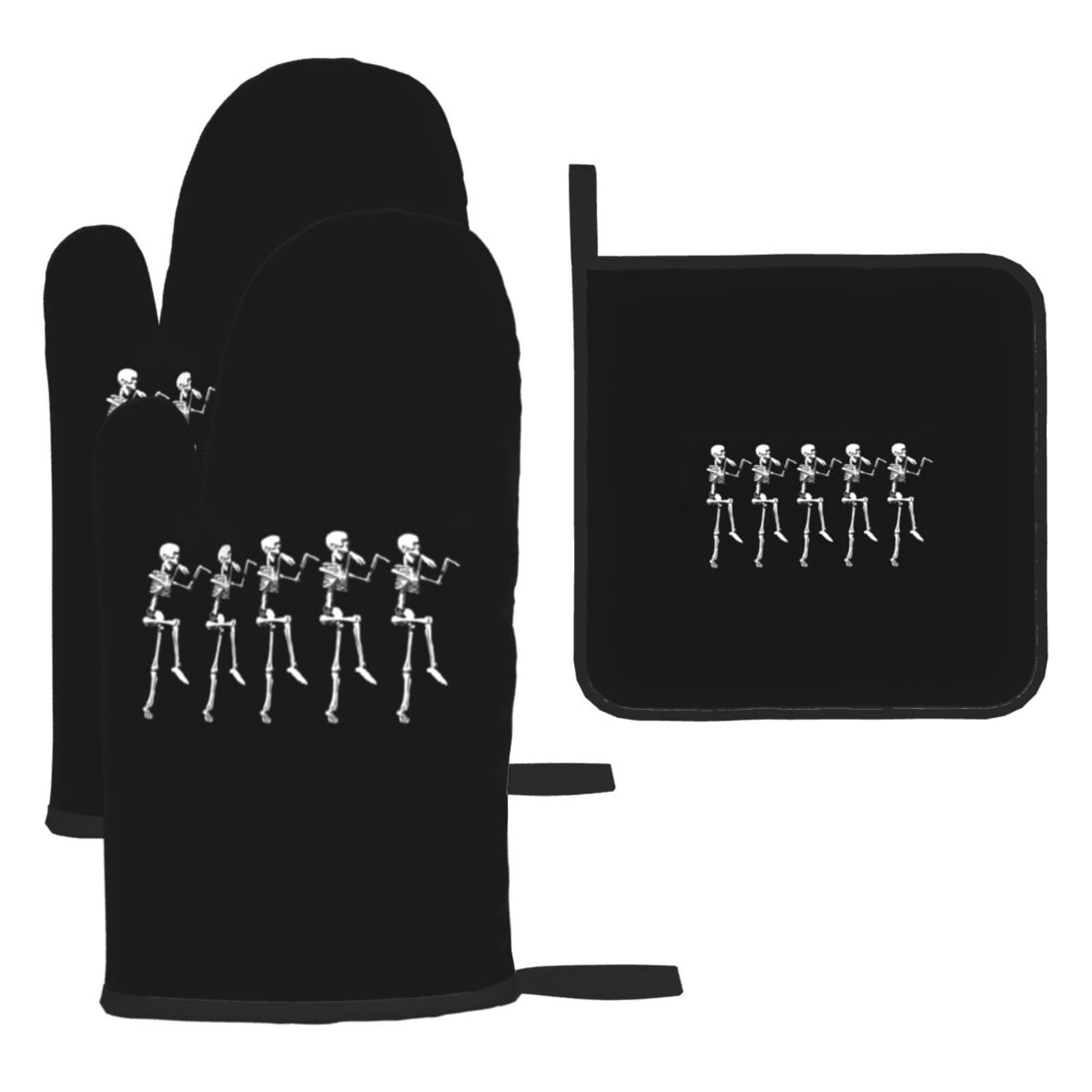Halloween Posable Skeleton Skull Print Oven Kitchen Gloves For Baking Outdoor Grilling Home Use Mitts Microwaving Bbq