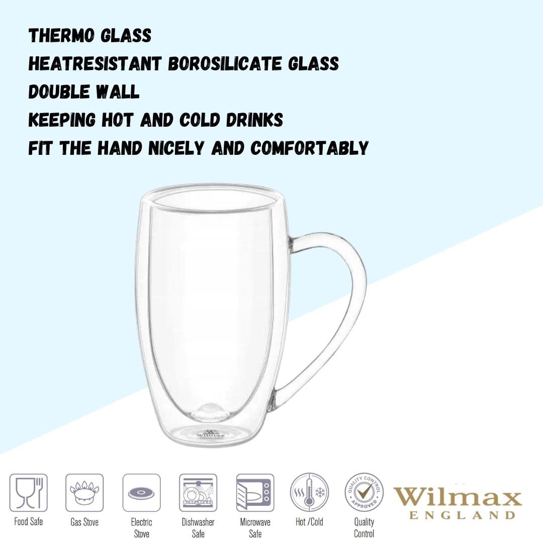 Wilmax | Doppelwandige Thermogläser mit Henkel | 6er-Set | 400 ml | Thermotassen | Latte Macchiato Gläser Set | Cappuccino Gläser mit Henkel | Kaffeegläser | Teegläser | Trinkgläser