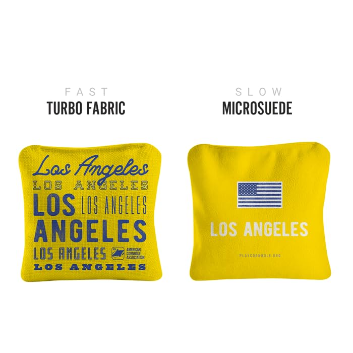 ACA Synergy Pro Dual Sided Cornhole Bags | Los Angeles #2 Yellow Design | Set of (4) All-Weather Resin Filled Stick & Slide Corn Hole Bags