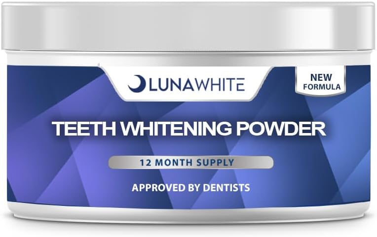 LUNAWHITE Premium Teeth Whitening Powder - 12 Month Supply 50g - Removes Tea, Coffee, Wine, Smoking & Natural Stain Remover - Safe for Enamel - Non Harmful Ingredients - Dentist Approved