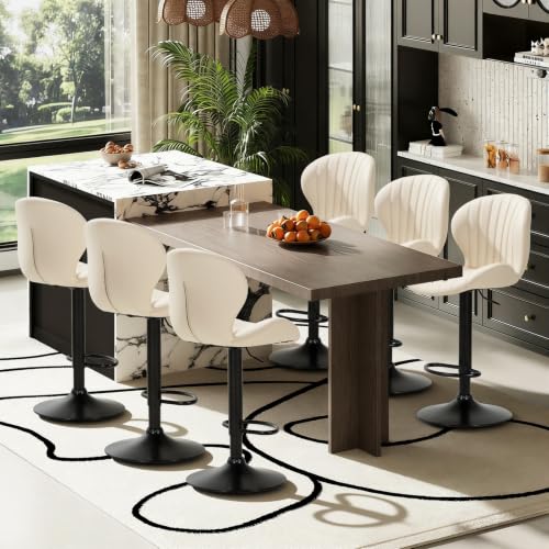 Image of COLAMY Bar Stools Set of 6,Swivel Adjustable Height Leather Bar Chair,Beige