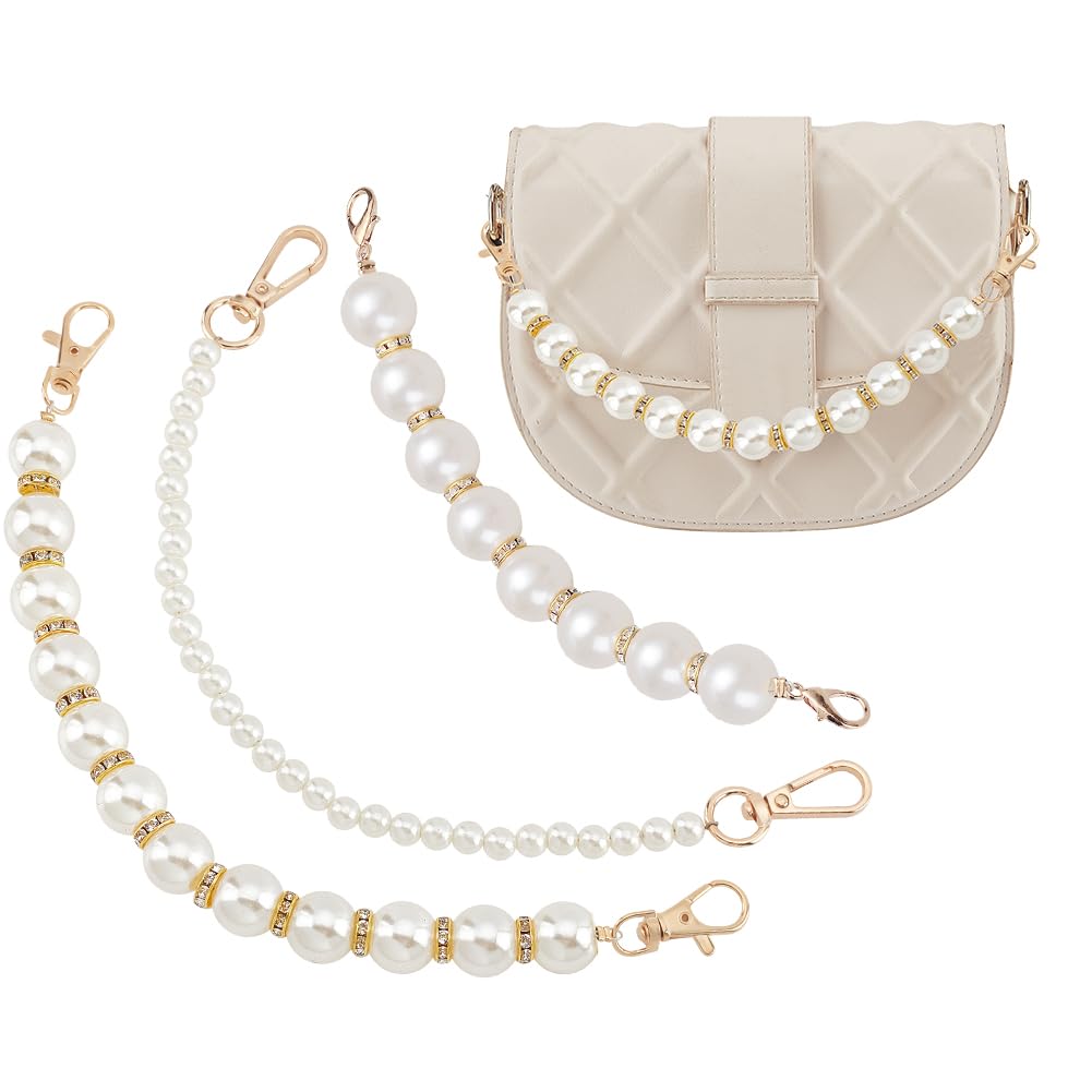 Belicia 3 Pcs Premium 3 Style Pearl Chain Strap 12 inch Short Purse Chain Replacement White Imitation Pearl Handle Strap Beaded Purse Charms for DIY Purse Handbag Wallet Tote Shoulder Bag white-image-17