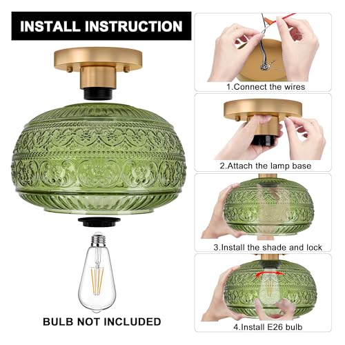 Semi Flush Mount Ceiling Light Fixture, 11" Vintage Gold Hallway Lights Fixture Ceiling with Green Glass for Kitchen, Hallway, Bathroom and Entry Way,Compatible with E26 Light Bulb