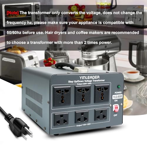 Yinleader 5000 Step Up/Down Transformer Converter 110/120 Volt - 220/240 Volt w/US Power Cord,Circuit Breaker Protection (Grey)3