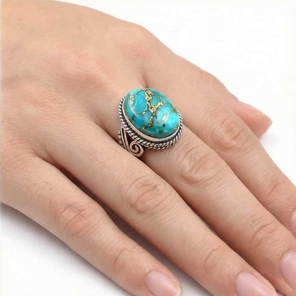 JEWELOPORIUM Boho Handmade Jewelry Chunky Natural Gemstone Labradorite, Crystal, Moonstone, Turquoise Oval 925 Sterling Silver Plated Ring For Women