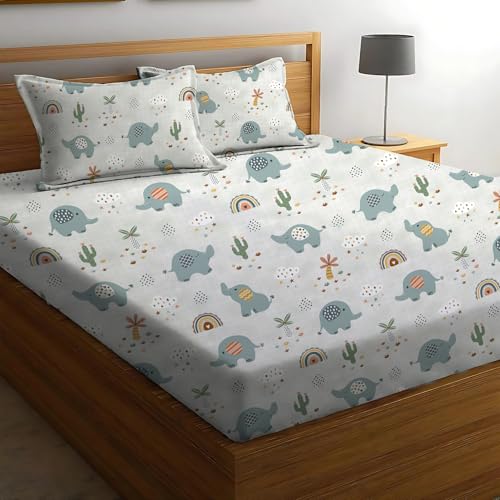 Image of DECOREZA Premium Cotton Feel Elastic Fitted Bedsheet Queen Size 60 x 78 Inch with 2 Pillow Covers | All-Around Elastic | Soft & Breathable | Mattress Upto 10 Inches (Tiny Dino)