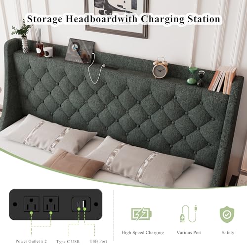 Image of Feonase Queen Bed Frame with 4 Storage Drawers, Upholstered Storage Bed with Charging Station, Tufted Wingback Headboard, No Box Spring Needed, Dark Grey