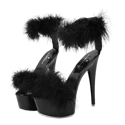 LIFKOME Super High Heel Fur Sandals - Fashion Sandals & Dress Shoes for Women, Spring & Summer, Rubber Sole - 7.5 - Black