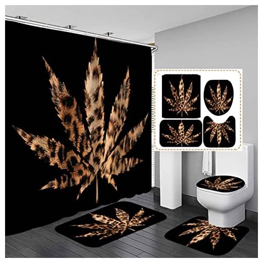 OLEBETY 4PCS/Set Brown Leopard Print Weed Leaf Shower Curtain, Panthera Cheetah Safari Wild Animal Skin Pattern Bathroom Decor, Waterproof Black Bath Curtain, Non-slip Bath Rugs Toilet Mats, Leopard