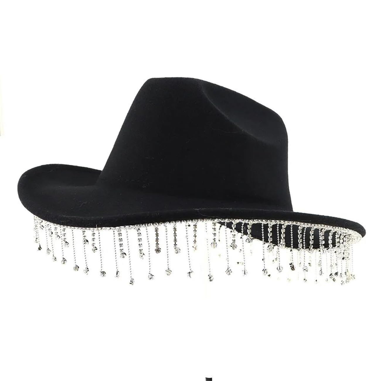 Cappello Fedora da donna, con nappa, con strass, in feltro di lana, per feste e matrimoni