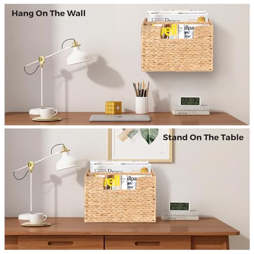 Handwoven Divided Water Hyacinth Wall Magazine Holder - Natural Hanging Organizer for Mail, Newspapers & Magazines, Books & Files - Divided Magazine Basket for Entryway, Living Room, Office - Image 6