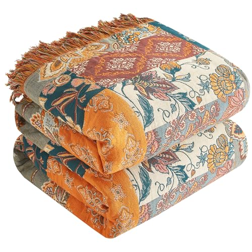 Boho Throw Blanket for Bed 90&rdquo;x98&rdquo;, 100% Cotton Woven Blanket for Couch Sofa, Ultra Soft 4-Layer...