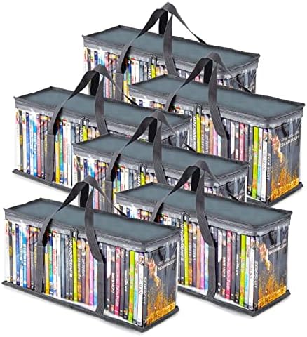 Stock Your Home DVD Storage Bags (Set of 6) Media Organizer Bag for DVDs, CDs, Blu Ray Disc, Movie Cases, VHS Box, Video Game Disks, Clear Plastic Holders with Carrying Handles and Zipper - Gray