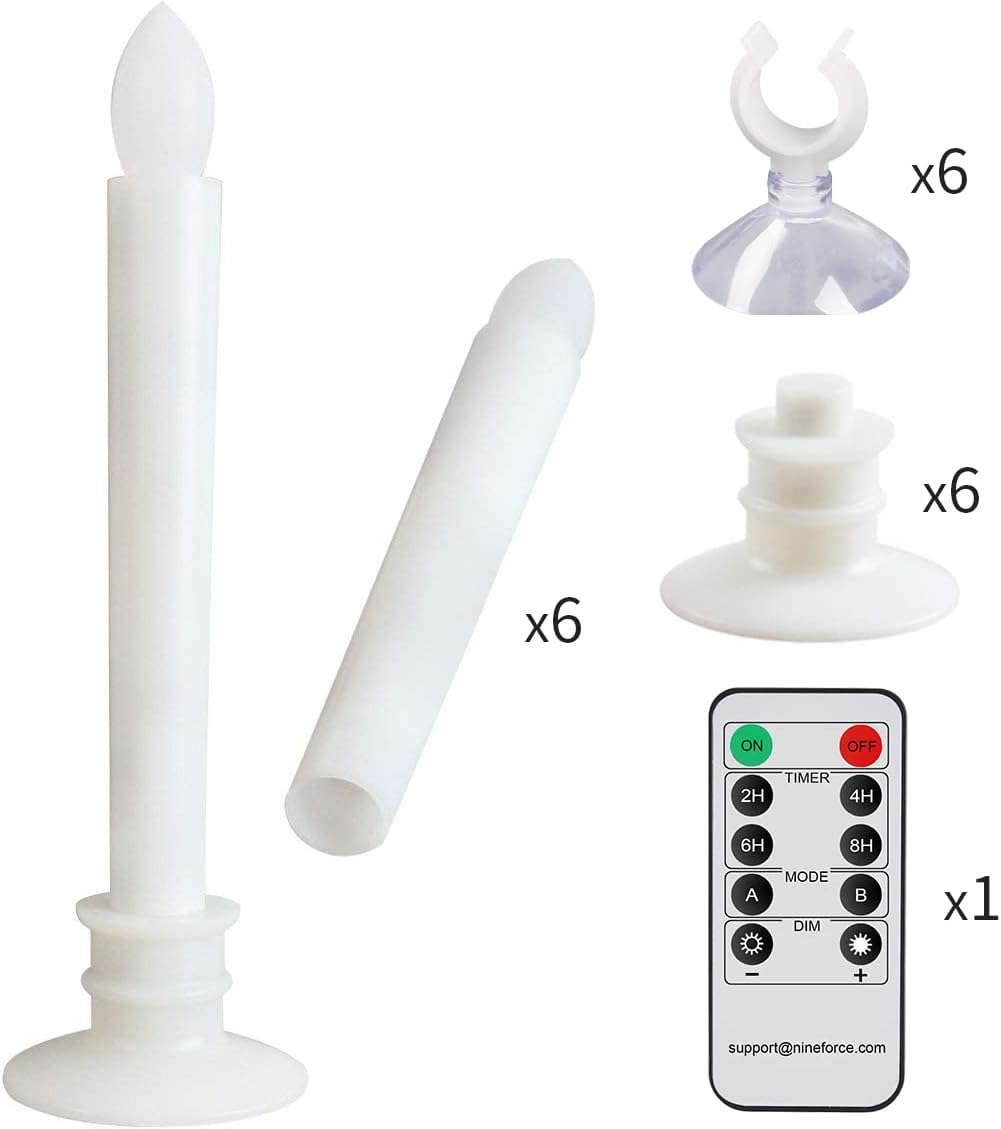 Flameless Candles with Remote Timers for Window 6PCS Battery Window Candles Flickering Flameless Led Candle Lights with White Base and 6PCS Suction Cups Taper Candles Holder for Christmas Decorations