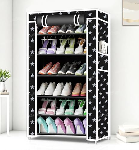 Image of Zest 4 Toyz Star Printed Shoe Rack with 6 Shelfs Zip Cover and Side Pocket Multipurpose Racks Shoe Organizer Cum Book Organizer Non Woven Fabric (Black)