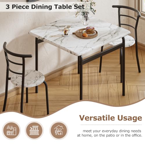 Image of VECELO 3-Piece Dining Table Set for Kitchen Breakfast Nook, Faux Marble Square Tabletop and Metal Frame, for Small Spaces, White & Black