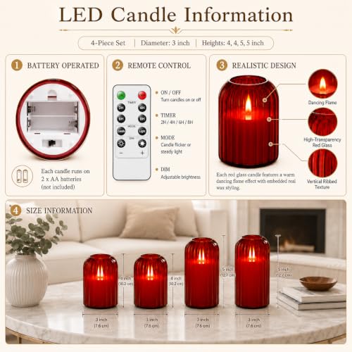 Image of Lezonic Red LED Flameless Candles, 4 Pcs Glass Battery Operated Pillar Candles with Remote, Dancing Flickering Flame Real Wax, Home Decor for Wedding, Halloween, Christmas, & Holiday Table Centerpiece