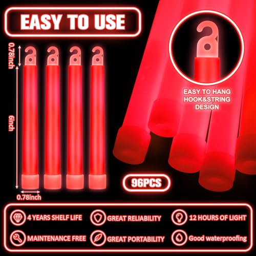 Sotiff 96 Pcs 6 Inch Ultra Bright Emergency Glowing Sticks, Glow Sticks with 12 Hour Duration, Halloween Favors for Party Birthday Wedding Concerts Halloween(Red)