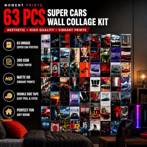 Image of Moment Prints Set of 63 Pcs Super Cars Posters | 4x6 Inch | 300 GSM | Aesthetic sports wall decor with double-sided mounting tape for gaming rooms and garages