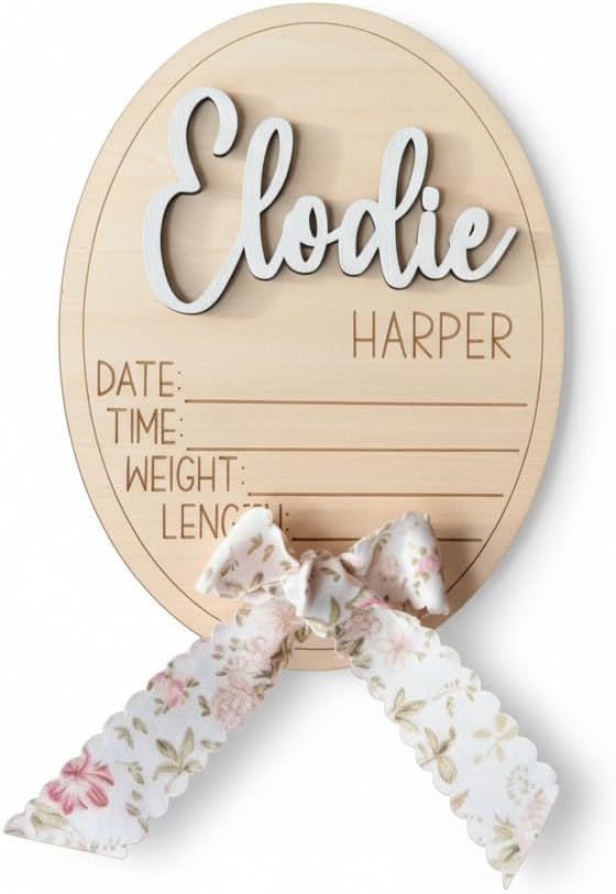 Personalized Baby Name & Birth Stats Sign Bundle, Wooden 3D Name Announcement Set with with white floral fabric Bow, 5.5x7 Inch (Bundle - Name + Stat Sign)