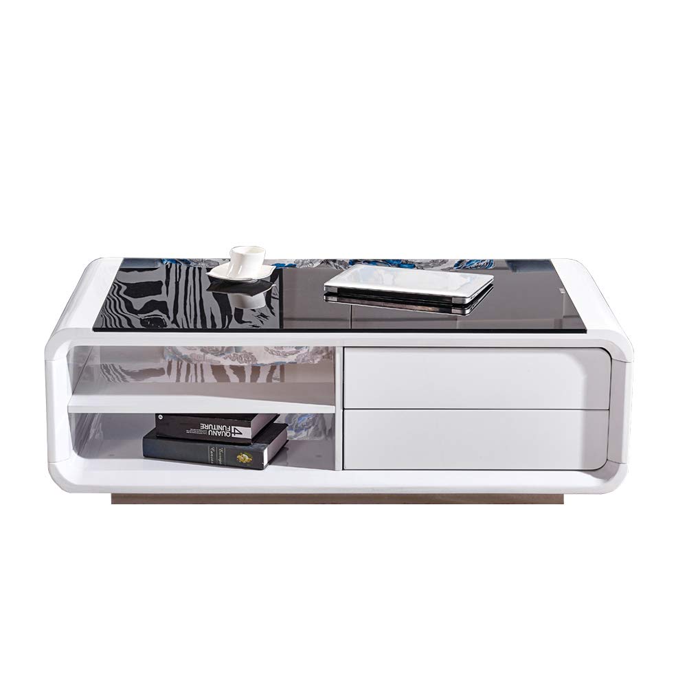 White High Gloss Coffee Table with Black Tempered Glass Top, Modern Design 2 Drawers Stylish Storage Table for Living Room