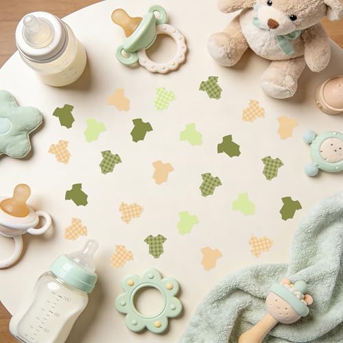 Image of BeYumi Baby Shower Table Confetti - 300Pcs Brown Green Short-Sleeve Bodysuits Table Confetti Decorations Plaid Baby Outfit Scatter Paper Decor for Baby Shower Gender Reveal Birthday Party Supplies