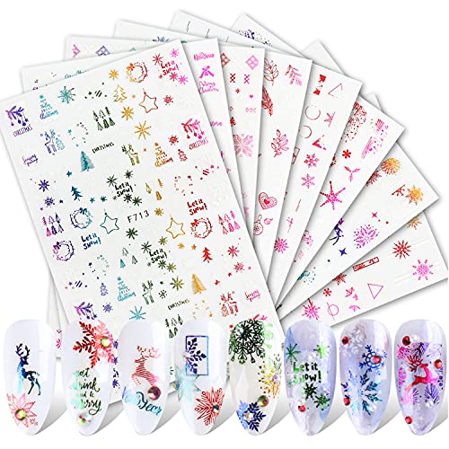 Christmas Nail Stickers, 3D Metal White Snowflake Nail Decals Color Snowflakes Nail Stickers Elk Snowman Santa Claus Tree Bell Xmas Nail Art Design Winter Christmas Nail Decoration for Women Girls