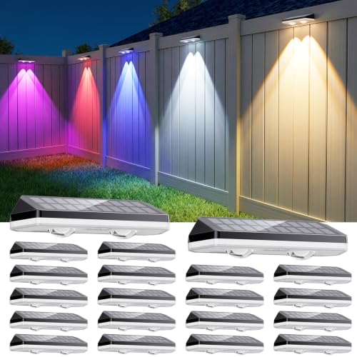 Image of Solar Fence Lights Outdoor ,3000 /4500 /6000K 13 Mode, 20 Pack Fence Lights Solar Powered with Ultra-Bright Lens IP65 Waterproof,Solar Wall Light for Backyard /Step /Patio /Deck /Stair /Railings(White)