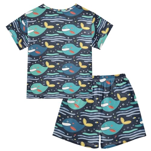 ALAZA Whale Bubble Wave Pajamas Set Short Sleeve Cotton Sleepwear Summer Pjs 2 Piece 5-14Y2