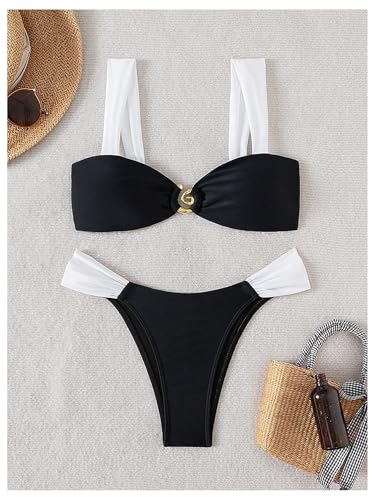 Women's 2 Piece Color Block Bathing Suit Metal Tie Back Cheeky Bikini Sets Summer Swimsuit3