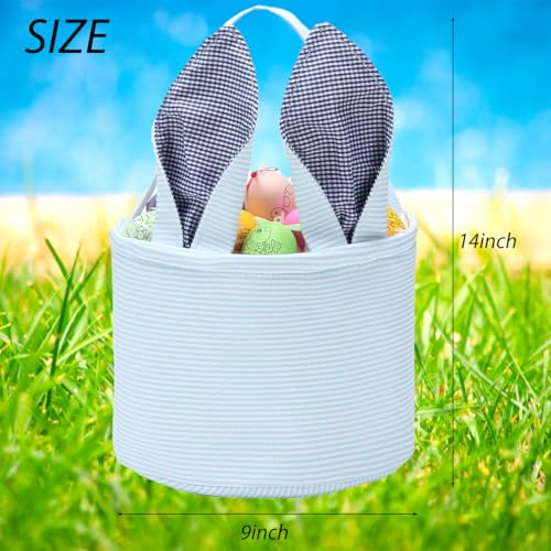 Image of Easter Bunny Basket Seersucker Egg Bags for Kids,Personalized Candy Egg Basket Rabbit Print Buckets with Fluffy Tail Gifts Bags for Easter