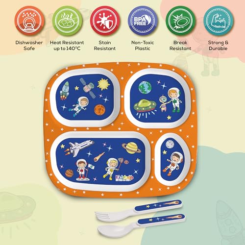 Image of Cello Kidzbee Quadmeal Cosmic Explorer Melamine Meal Set for Kids | BPA Free and Food-Grade Material | Attractive and Kidfriendly Designs | Break Resistant & Durable Set | Set of 3, Navy Blue