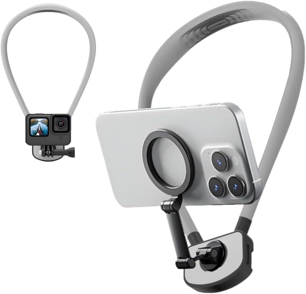 Adjustable Magnetic Neck Phone Holder,POV/Vlog Mount Hand Free,Video Recording Suitable for iPhone 12-15 Series and All Android Phones, DJI Osmo Action, Insta360 and Most Action Cameras